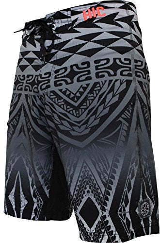 HIC Kona Tiki 21-inch board shorts in black, front view with the Polynesian tattoo print