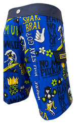 HIC Suck Em Up board shorts in blue, back view showing the pidgin phrase print
