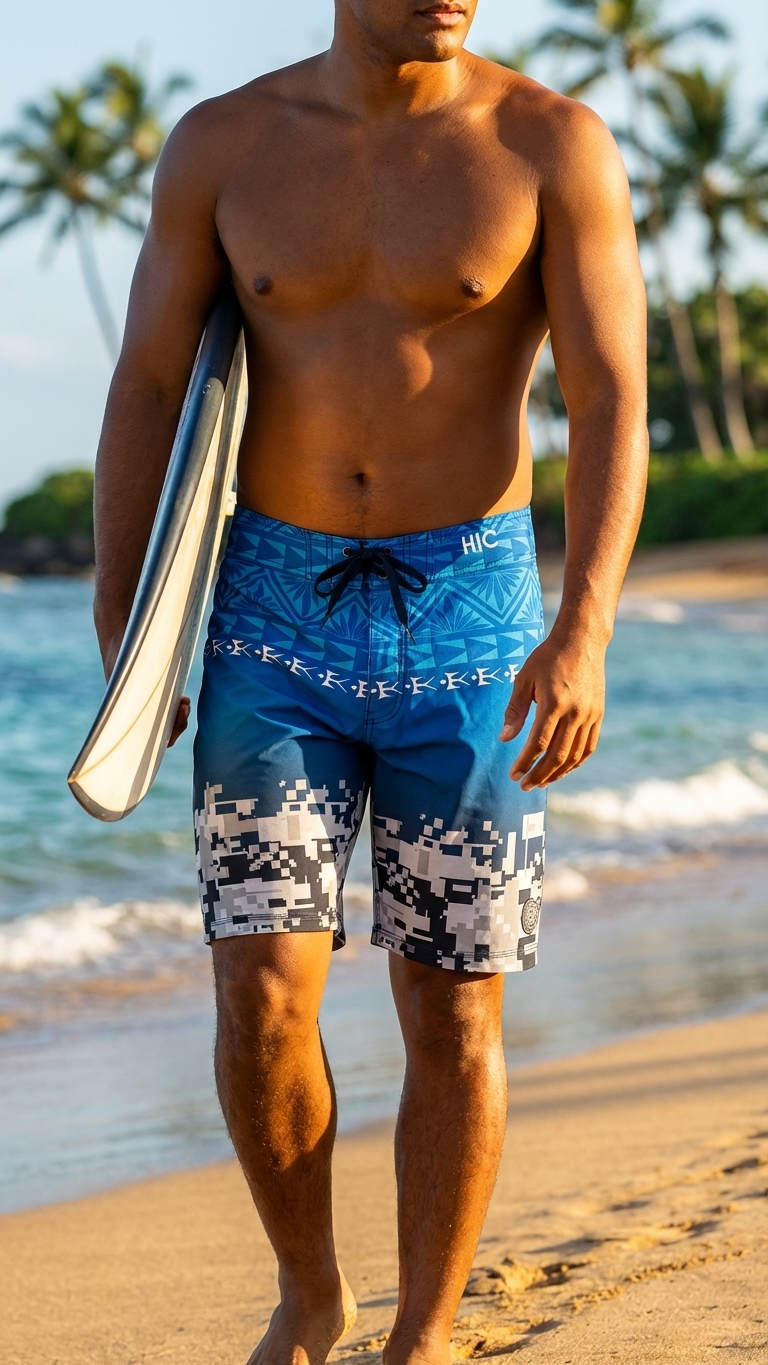 Man carrying a surfboard on the beach in HIC Digital Coast board shorts