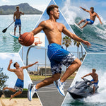 Collage of HIC Digital Coast board shorts worn for paddleboarding, basketball, beach volleyball, surfing and jet skiing