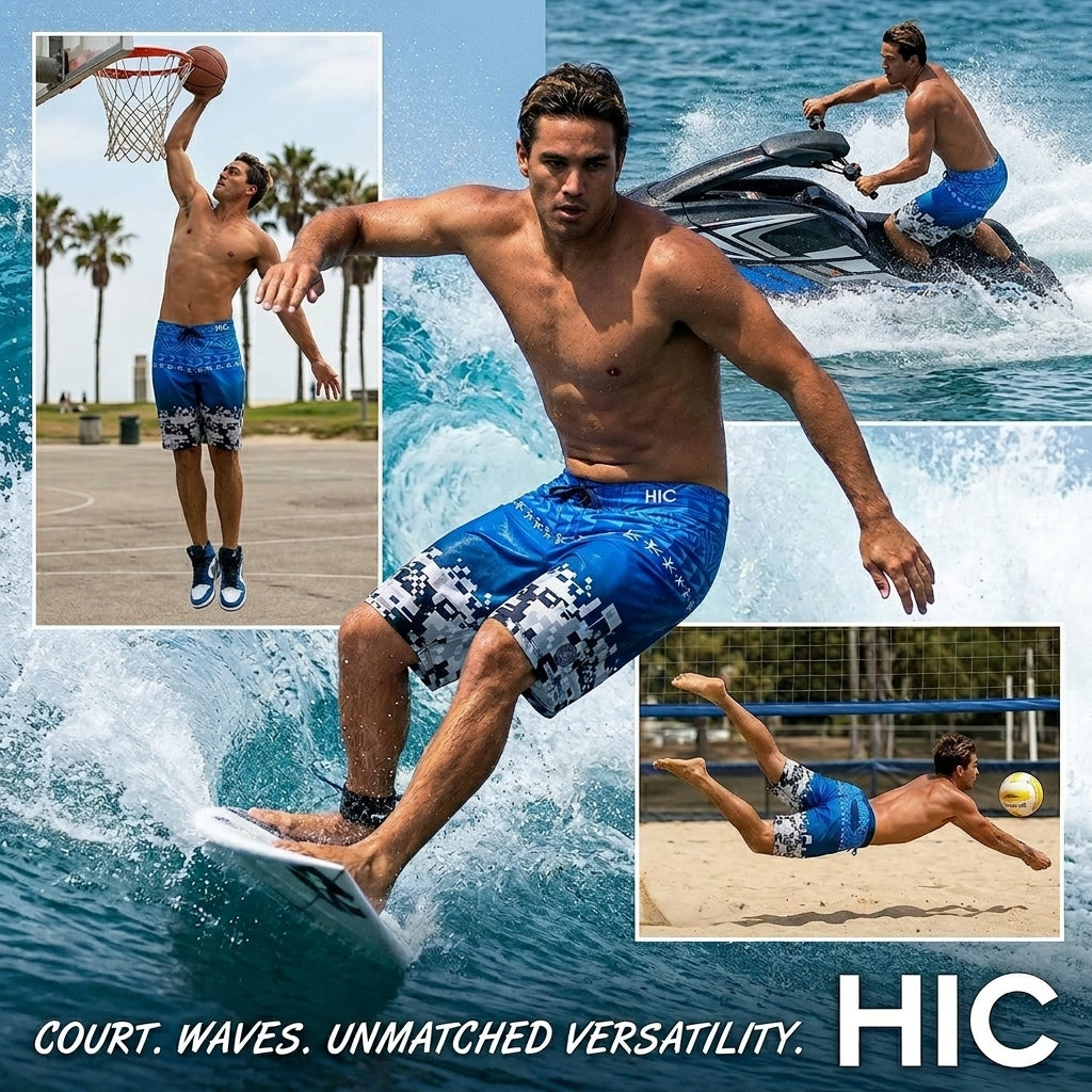 HIC Digital Coast board shorts worn for basketball, surfing, jet skiing and beach volleyball, with the line Court. Waves. Unmatched versatility.
