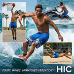 HIC Digital Coast board shorts worn for basketball, surfing, jet skiing and beach volleyball, with the line Court. Waves. Unmatched versatility.