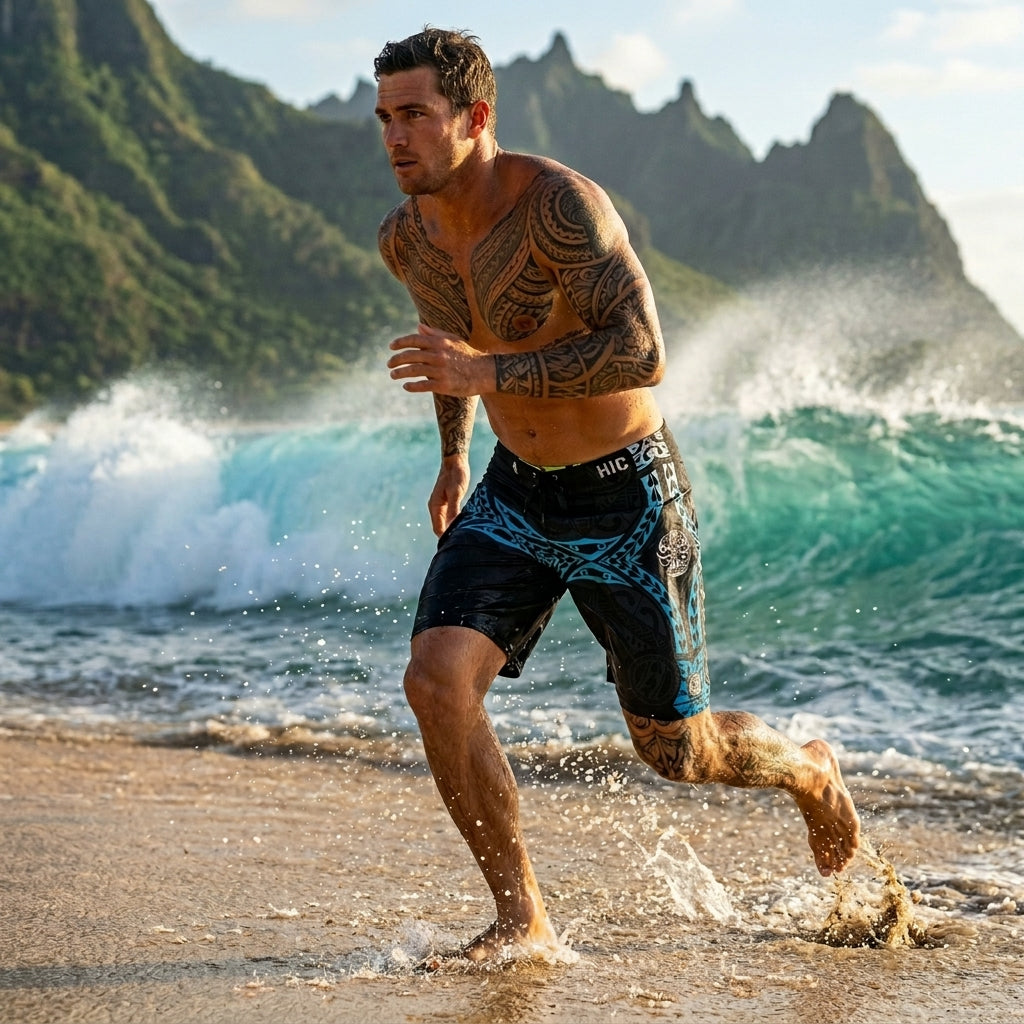 Man running along the shoreline in HIC Kanaha black and teal board shorts, wave and green mountains behind