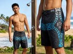 Two views of HIC Kanaha board shorts: model standing by an outdoor beach shower, and a close-up of the teal tribal print, HIC logo and skull emblem