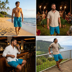 Teal HIC Generals board shorts on the beach, at a luau, at dinner and at a lookout