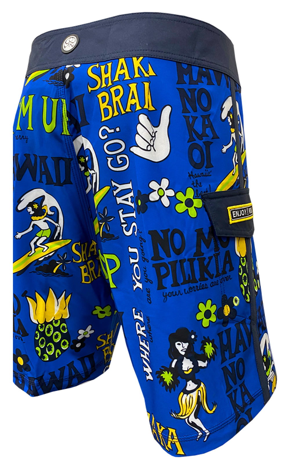 HIC Suck Em Up board shorts in blue, back view showing the pidgin phrase print