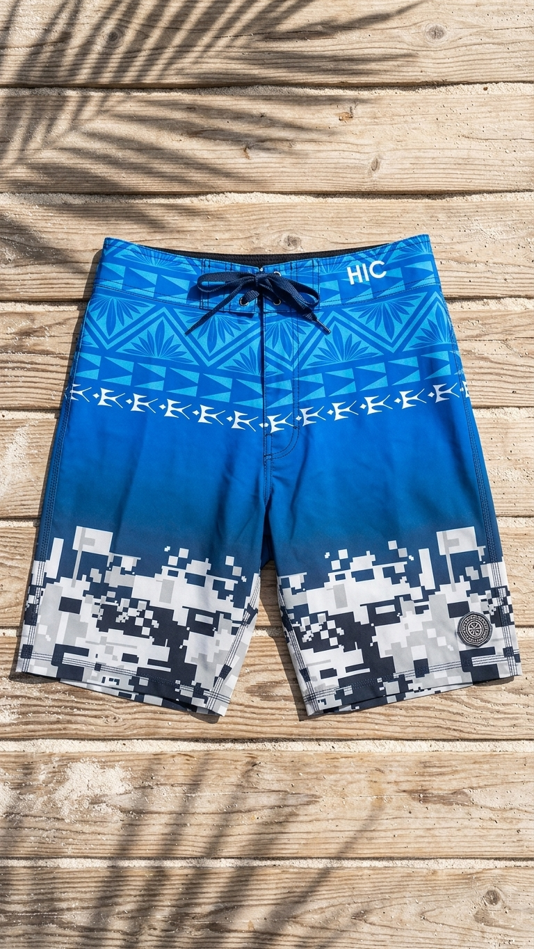 HIC Digital Coast board shorts laid flat on wood, showing the Polynesian band and the pixel print at the hem