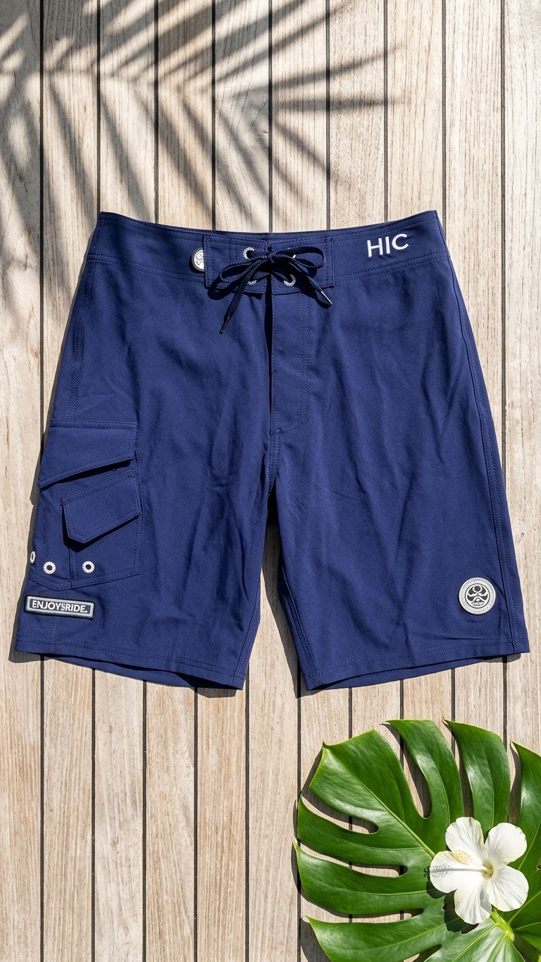 Navy HIC Generals board shorts laid flat on a wood deck