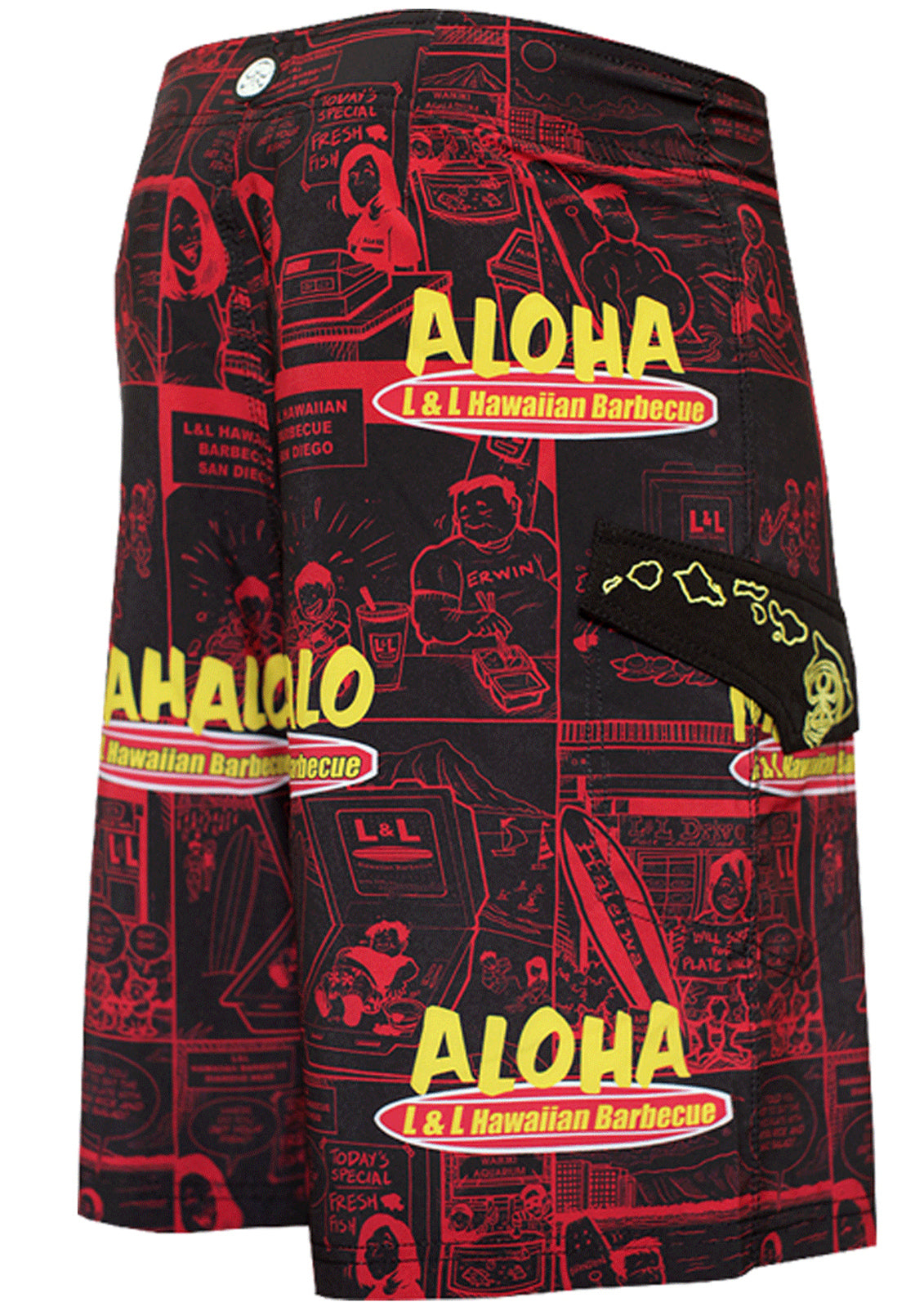 HIC Eat Here Men's 21" Board Shorts – 8-Way Octo Super Stretch, Black, Big & Tall to 60