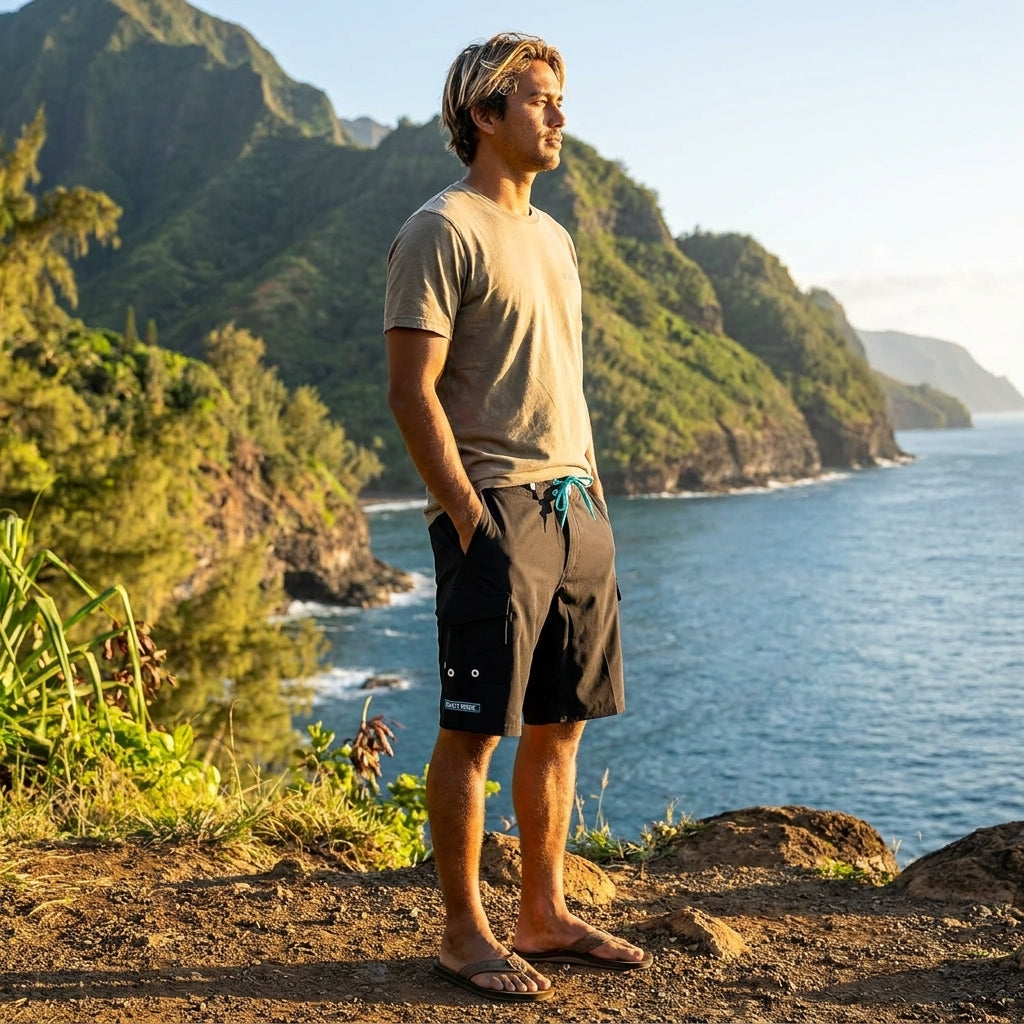 Man in black HIC Generals board shorts on a rocky coastline
