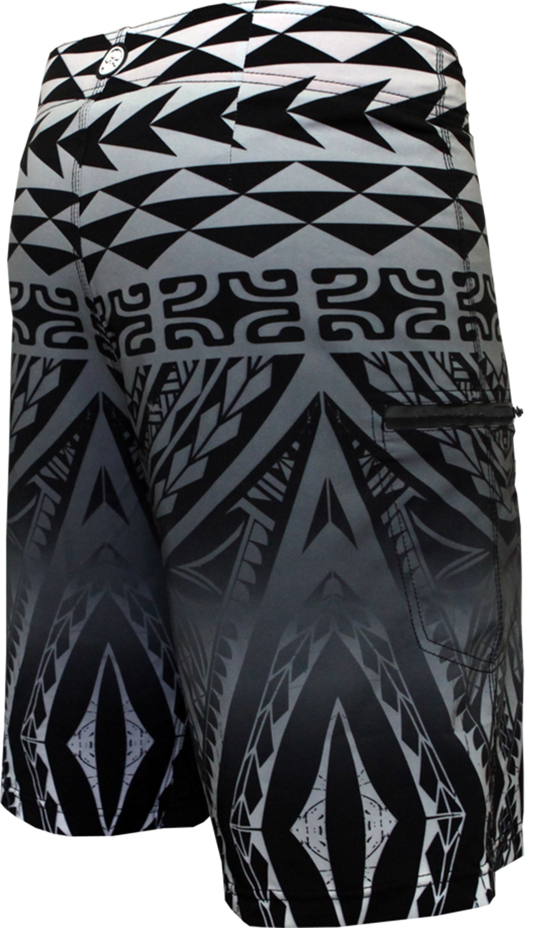 HIC Kona Tiki board shorts, back view showing the full Polynesian tattoo print