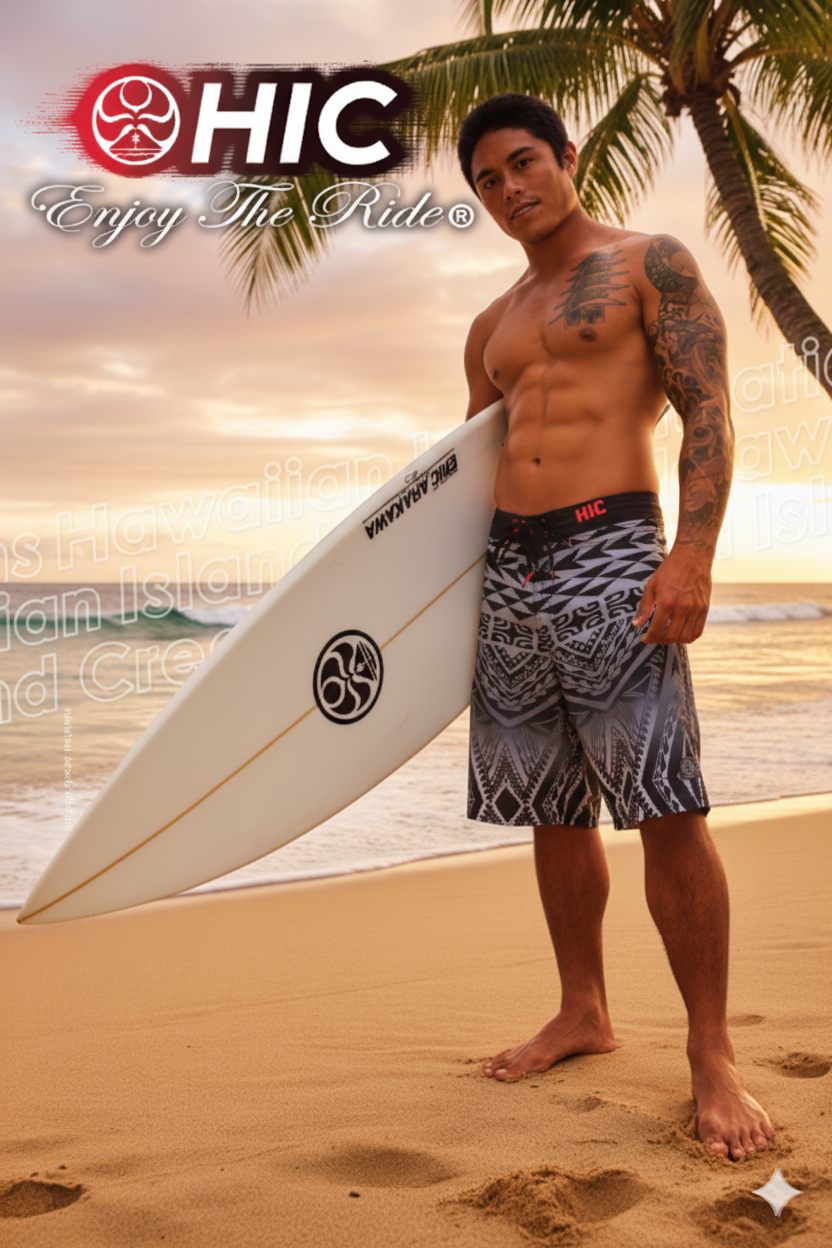 Surfer with a longboard under a palm tree in HIC Kona Tiki 21-inch board shorts