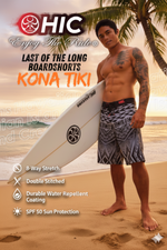 HIC Kona Tiki ad reading Last of the Long Boardshorts, with a surfer on the beach