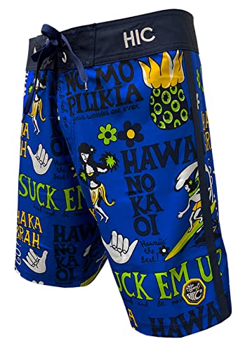 HIC Suck Em Up board shorts in blue, side view with the Shaka Brah print