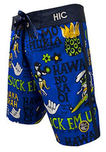 HIC Suck Em Up board shorts in blue, side view with the Shaka Brah print