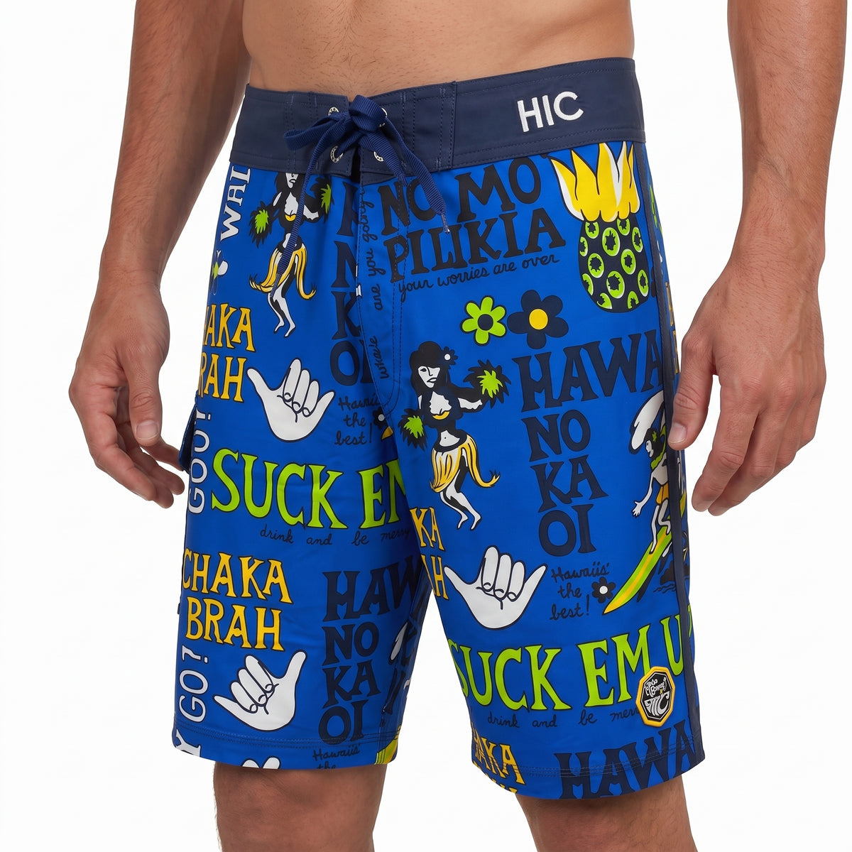 HIC Suck Em Up board shorts in blue on a model, front view