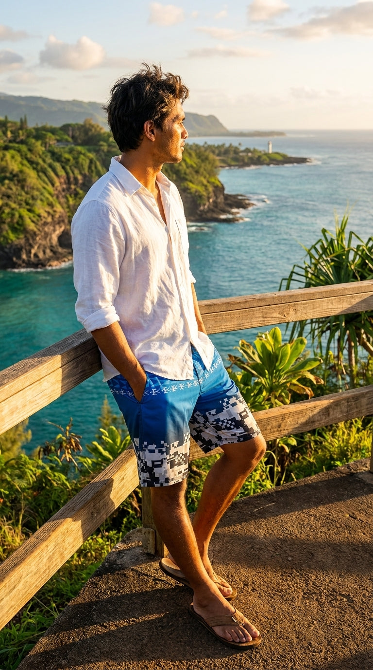 Man in a white shirt leaning on a rail above the ocean in HIC Digital Coast board shorts