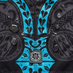 Water beading on the HIC Kanaha teal and black Polynesian print, with the HIC logo patch
