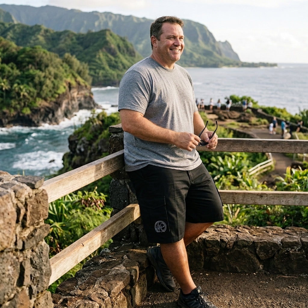 HIC Mauna Kea men's cargo walking shorts in Black, worn with a gray tee at a coastal lookout