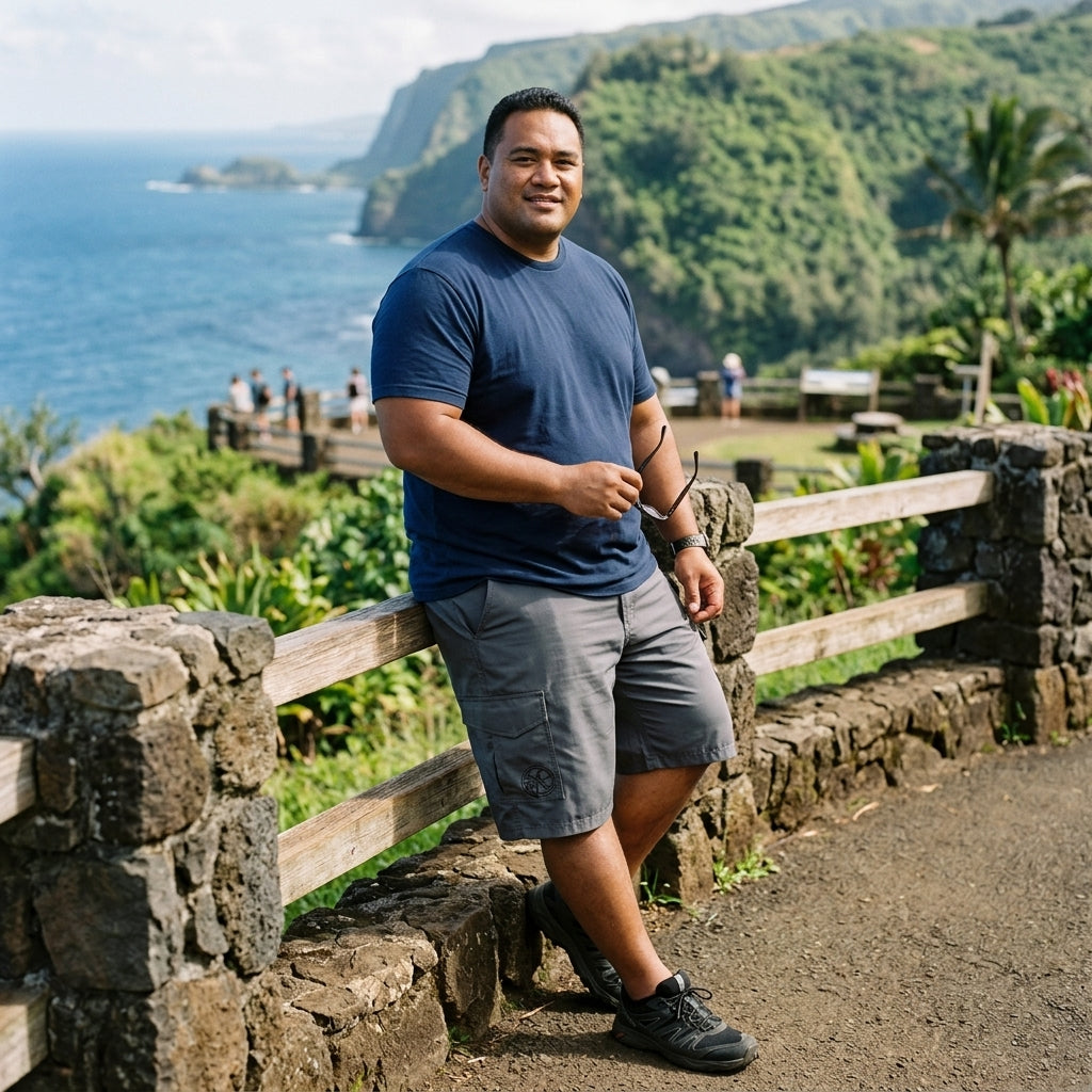 HIC Mauna Kea men's cargo walking shorts in Charcoal with a navy tee at a stone-wall ocean overlook