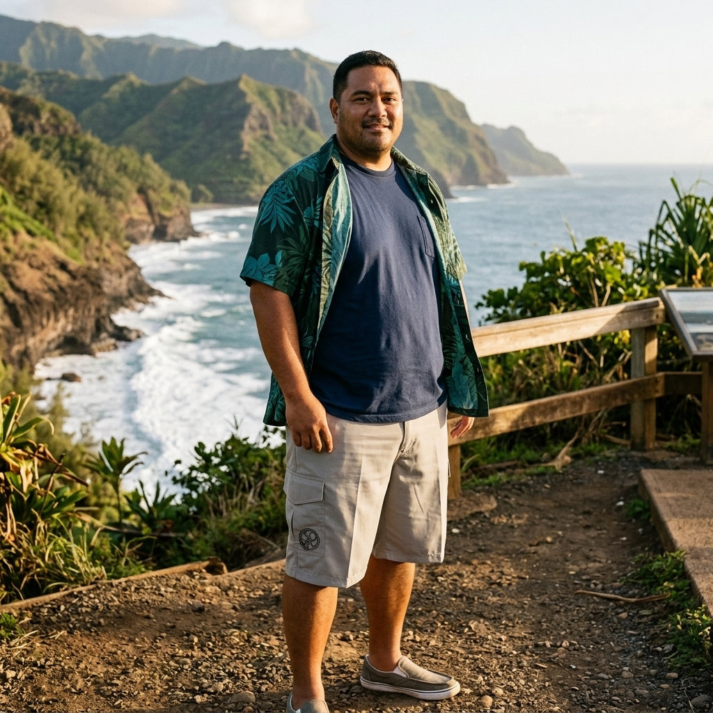 HIC Mauna Kea cargo walking shorts in Stone, 23-inch length, worn on a cliffside trail above the ocean