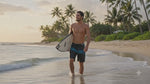 Short video of a surfer walking along the shoreline at sunset carrying a surfboard in HIC Kanaha black and teal board shorts, with a close-up of the print