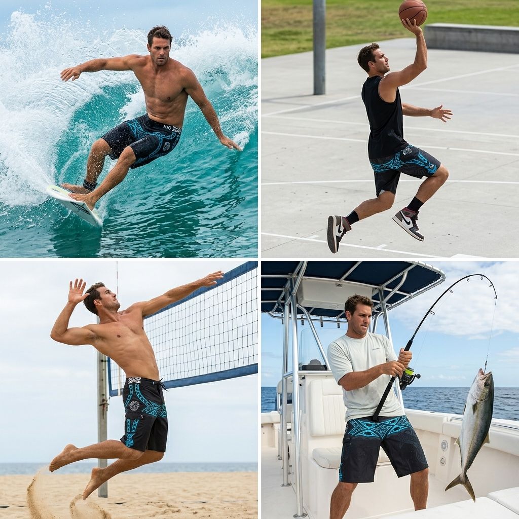 HIC Kanaha board shorts while surfing, shooting hoops, playing beach volleyball and fishing