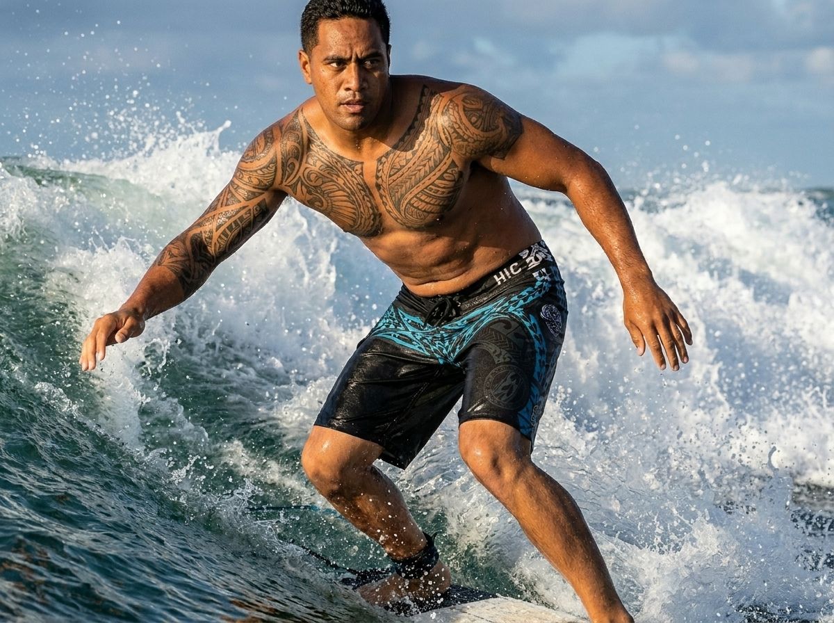 Surfer riding a wave in HIC Kanaha board shorts
