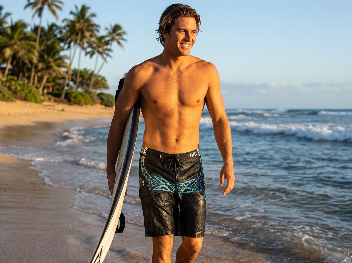 Surfer walking along the water's edge in HIC Kanaha board shorts with a surfboard