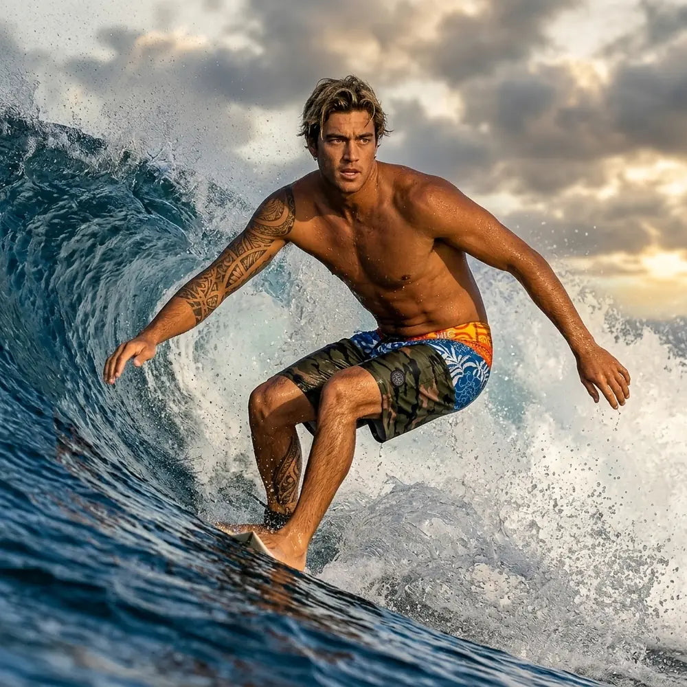 Surfer riding a wave in HIC Ua Huka board shorts