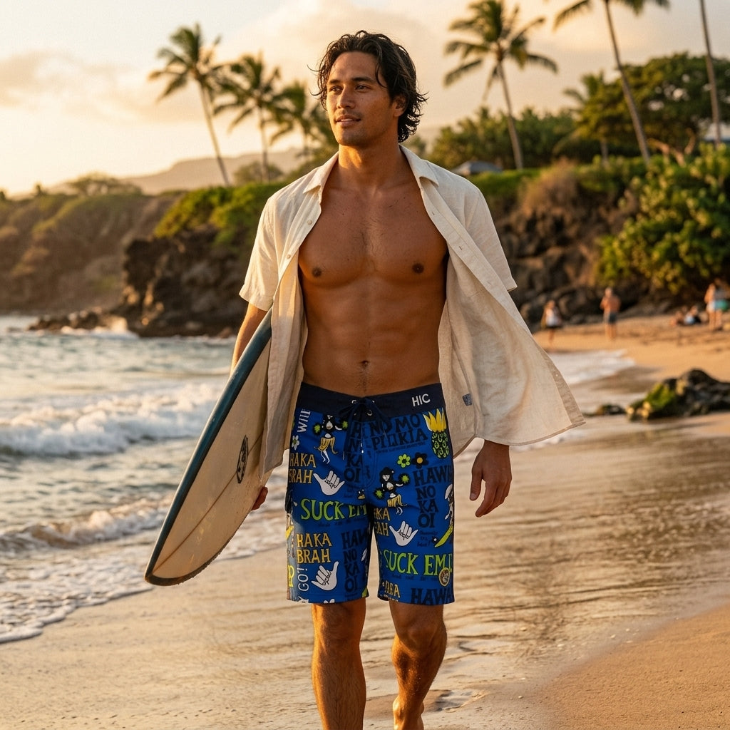 Man in an open white shirt carrying a surfboard on the beach in HIC Suck Em Up board shorts