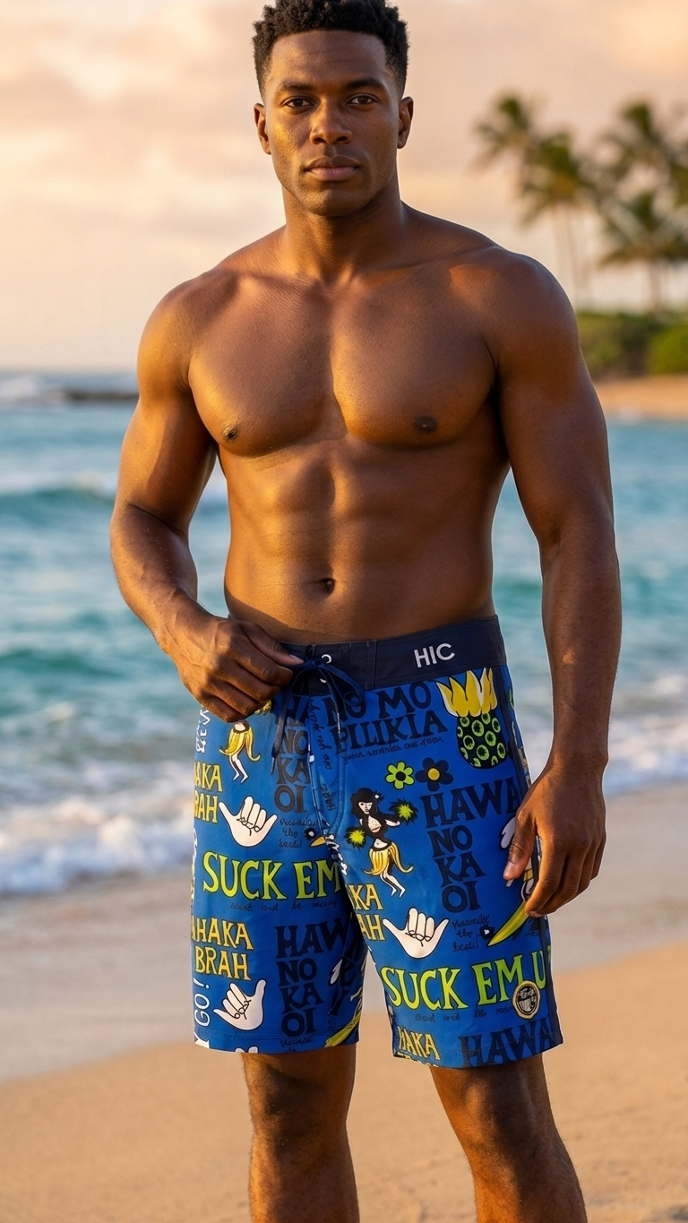 Man standing on the beach at sunset in HIC Suck Em Up board shorts